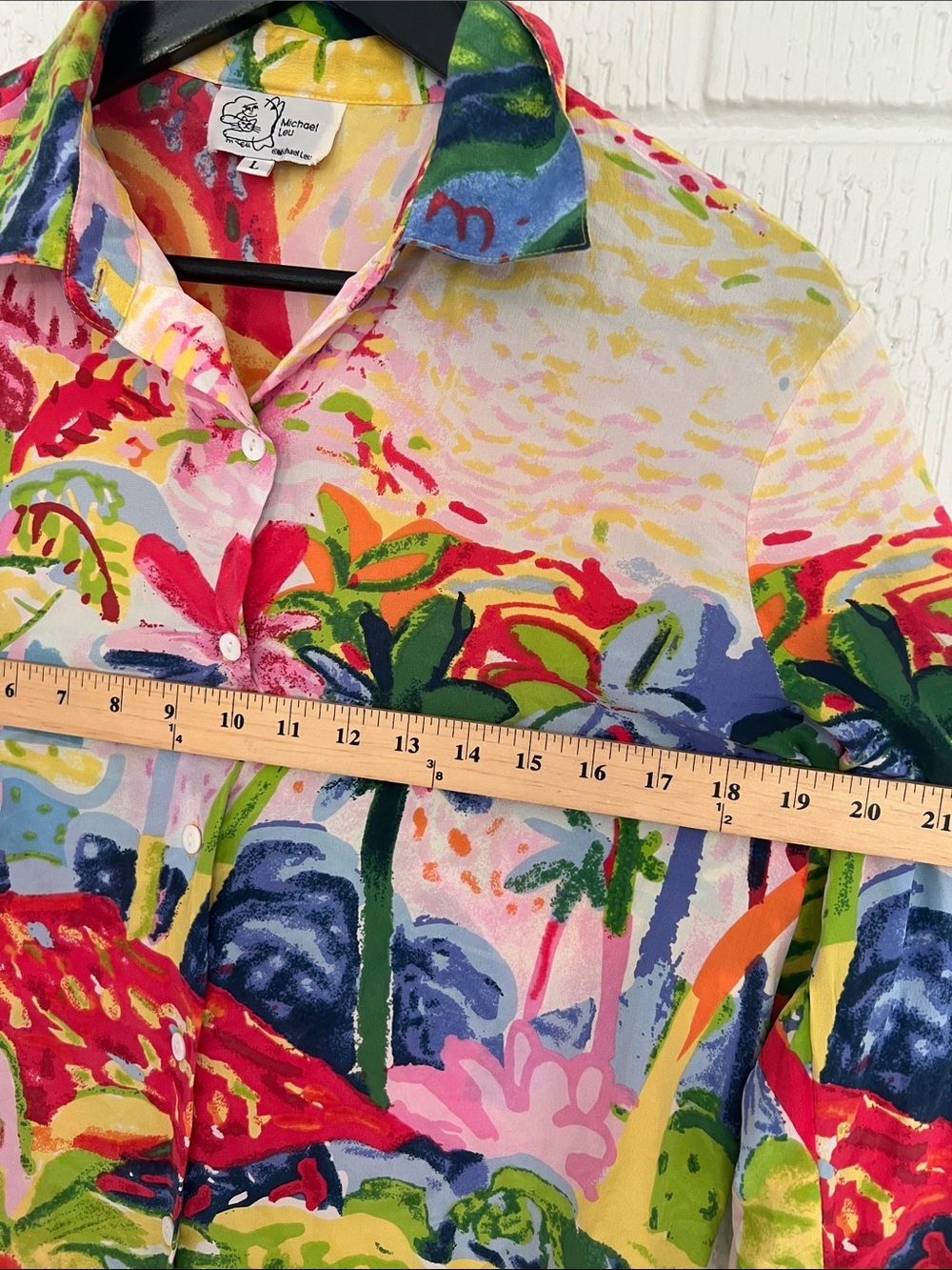 Michael Leu Vibrant Tropical Print Button-Up Shirt Silk large - Picture 8 of 9